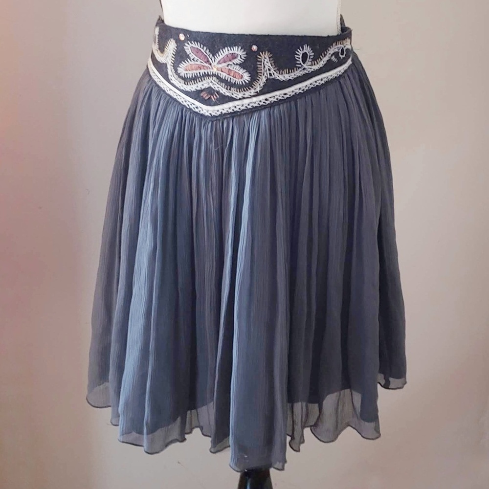 All Saints Grey Chiffon Embroidered Mini Sk